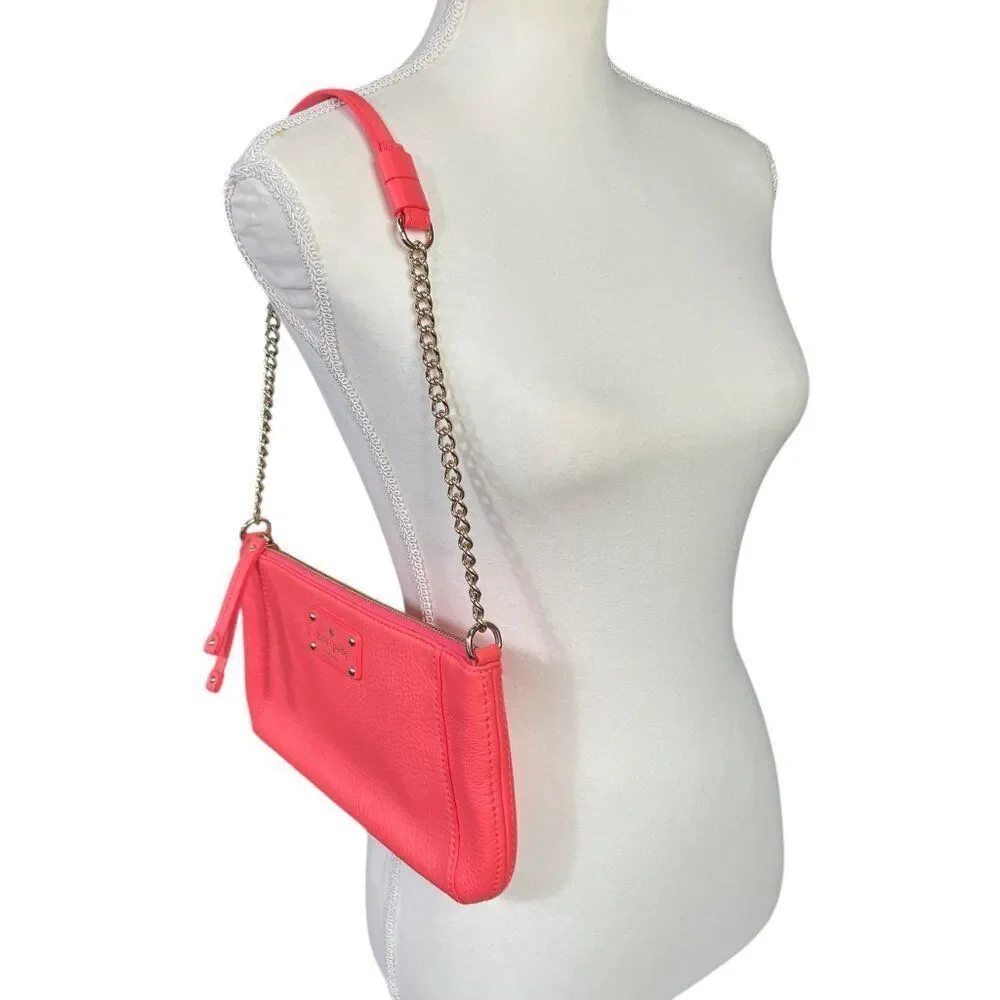 Kate Spade Wellesley Byrd Pebbled Leather Coral Pink Chain Strap Shoulder Bag